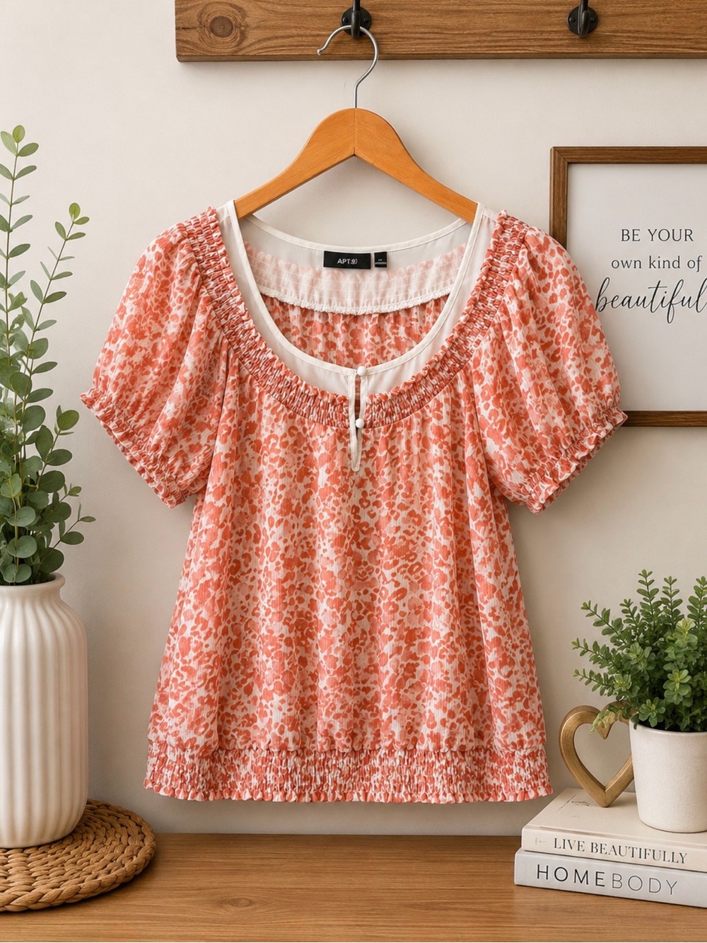 APT. 9 Large Coral Animal Print Smocked Peasant Blouse Puff Sleeve Top